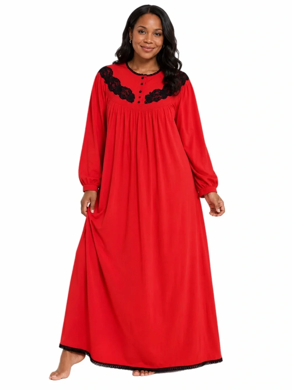 50s/60s European Vintage Fleece Lace Trim Prairie Maxi Nightgown (Red/Black) XL